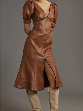 Anthropologie Brown Faux Leather Puff Sleeve Midi Dress